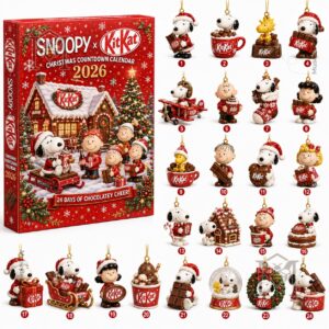Snoopy KitKat Christmas Countdown 2026 Advent Calendar - illustrated snowy Christmas scene