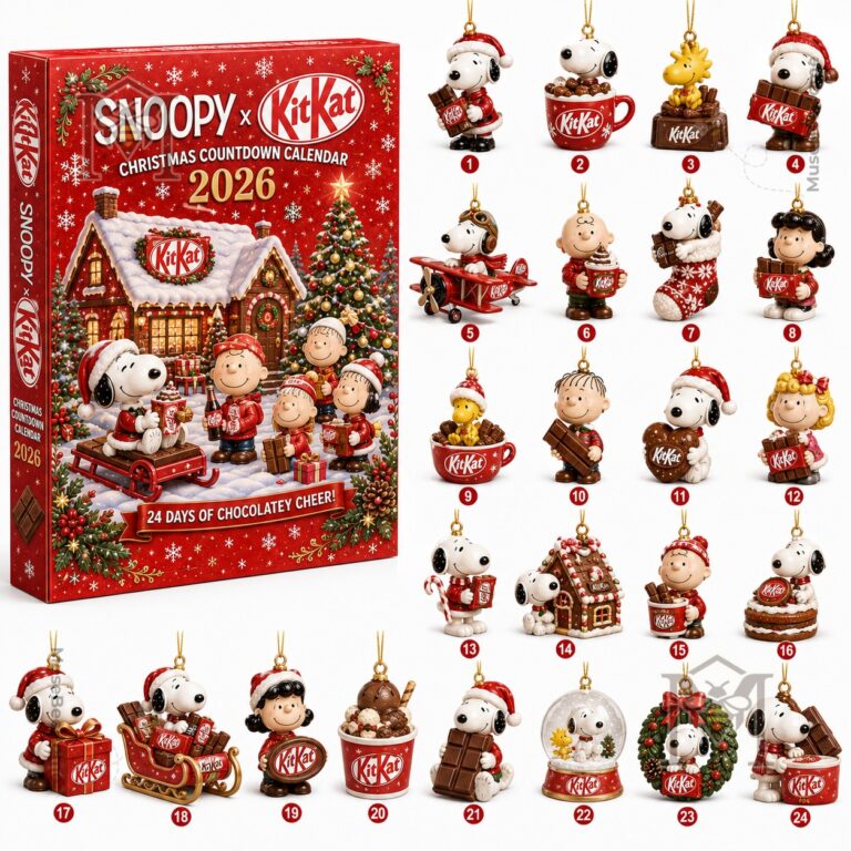 Snoopy KitKat Christmas Countdown 2026 Advent Calendar - illustrated snowy Christmas scene