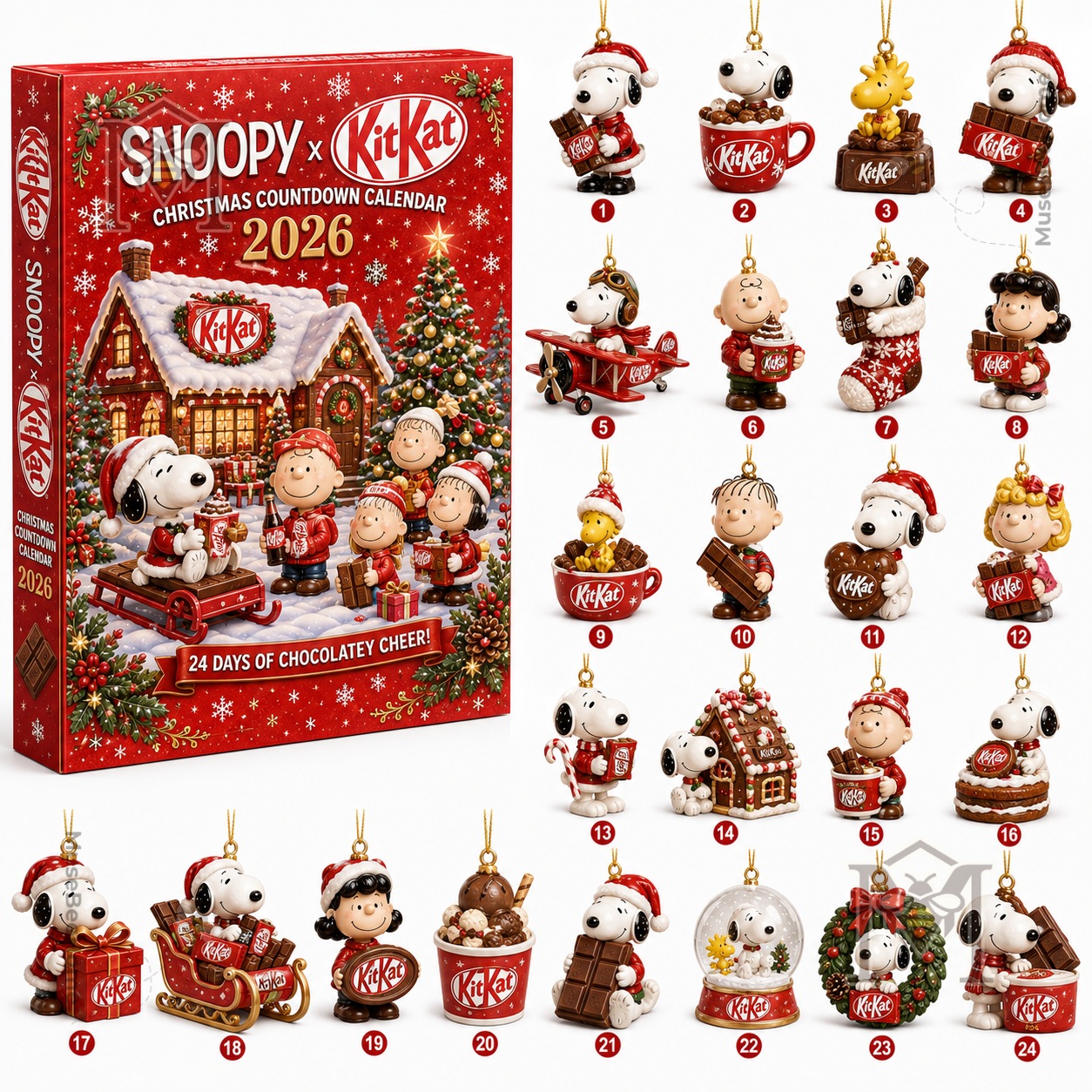 Snoopy KitKat Christmas Countdown 2026 Advent Calendar - illustrated snowy Christmas scene