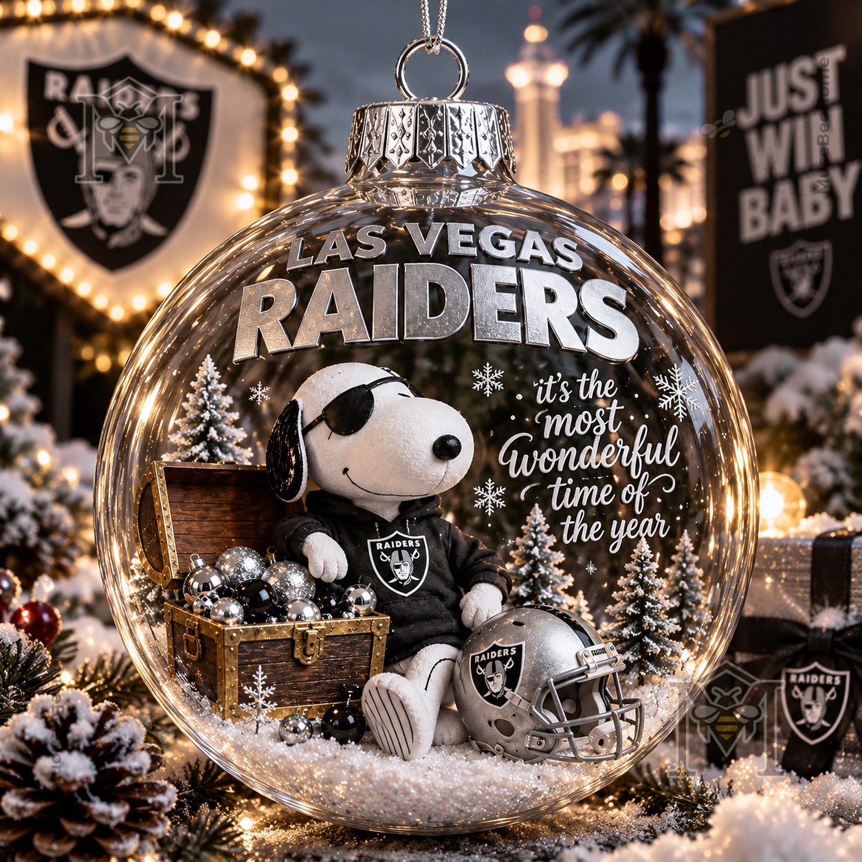 Snoopy Las Vegas Raiders Christmas Global Ornament 2026 - front view with Snoopy and treasure chest