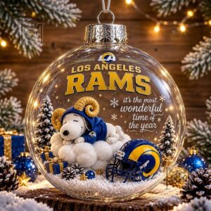 Snoopy Los Angeles Rams Christmas Global Ornament 2026 - close-up of Snoopy and Rams lettering