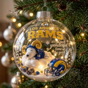 Snoopy Los Angeles Rams Christmas Global Ornament 2026 - clear bauble with snowy holiday scene