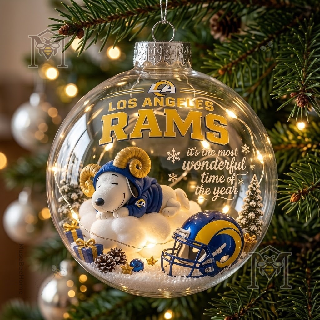 Snoopy Los Angeles Rams Christmas Global Ornament 2026 - clear bauble with snowy holiday scene