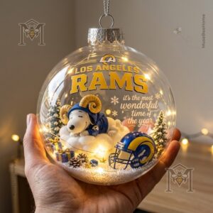 Snoopy Los Angeles Rams Christmas Global Ornament 2026 - full ornament showing hanging cap and design
