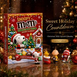 Snoopy M&M'S Christmas Countdown 2026 Advent Calendar - front box with holiday character decorations
