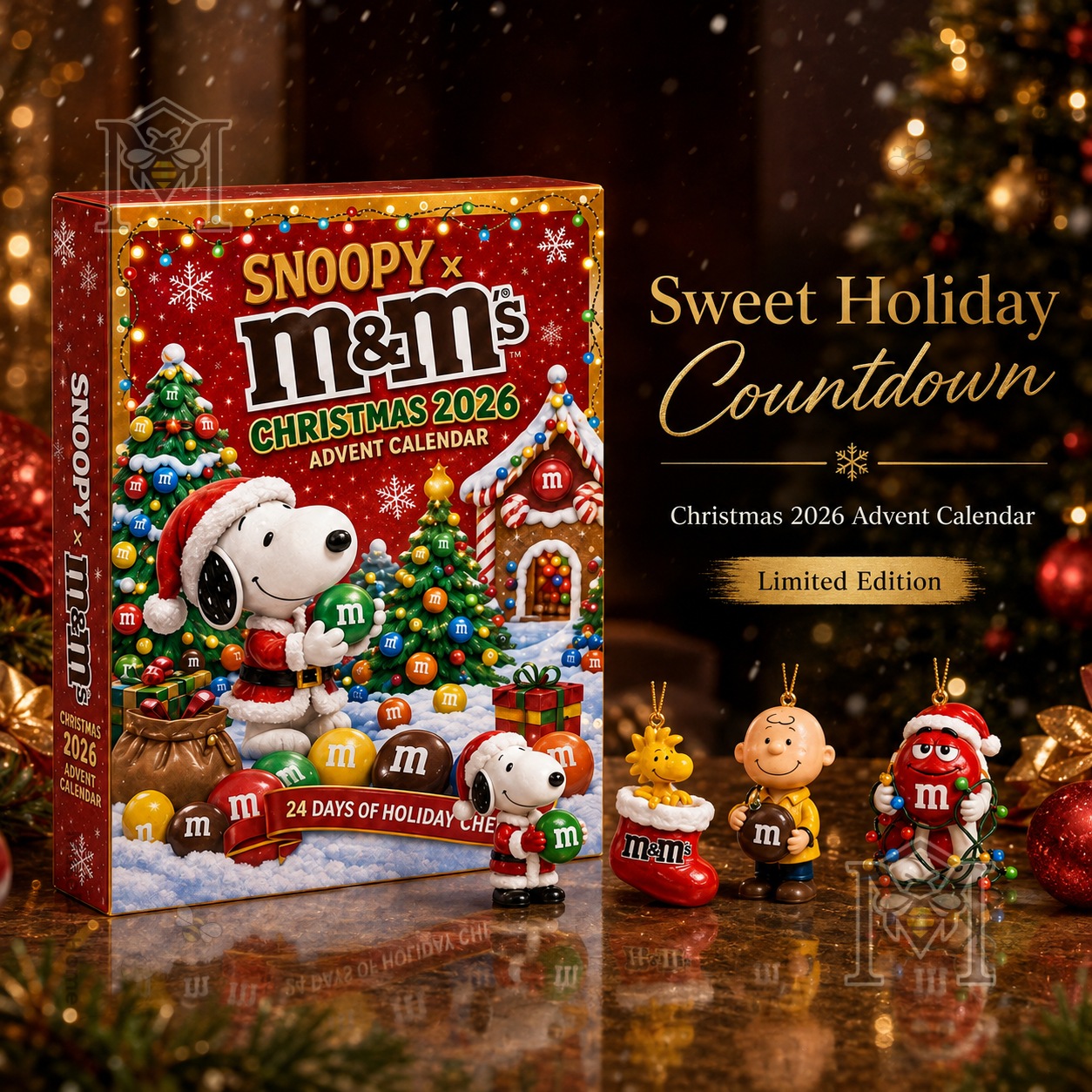 Snoopy M&M'S Christmas Countdown 2026 Advent Calendar - front box with holiday character decorations