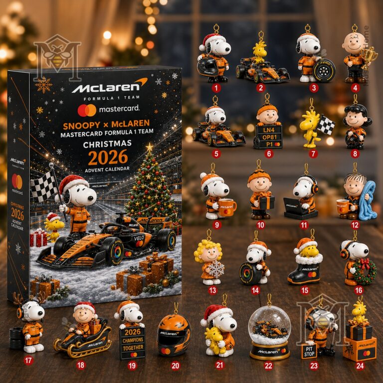 Snoopy McLaren Mastercard Formula 1 Team Christmas 2026 Advent Calendar - box and numbered ornaments