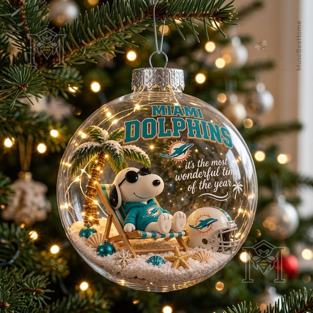 Snoopy Miami Dolphins Christmas Global Ornament 2026 - tropical holiday scene with football helmet