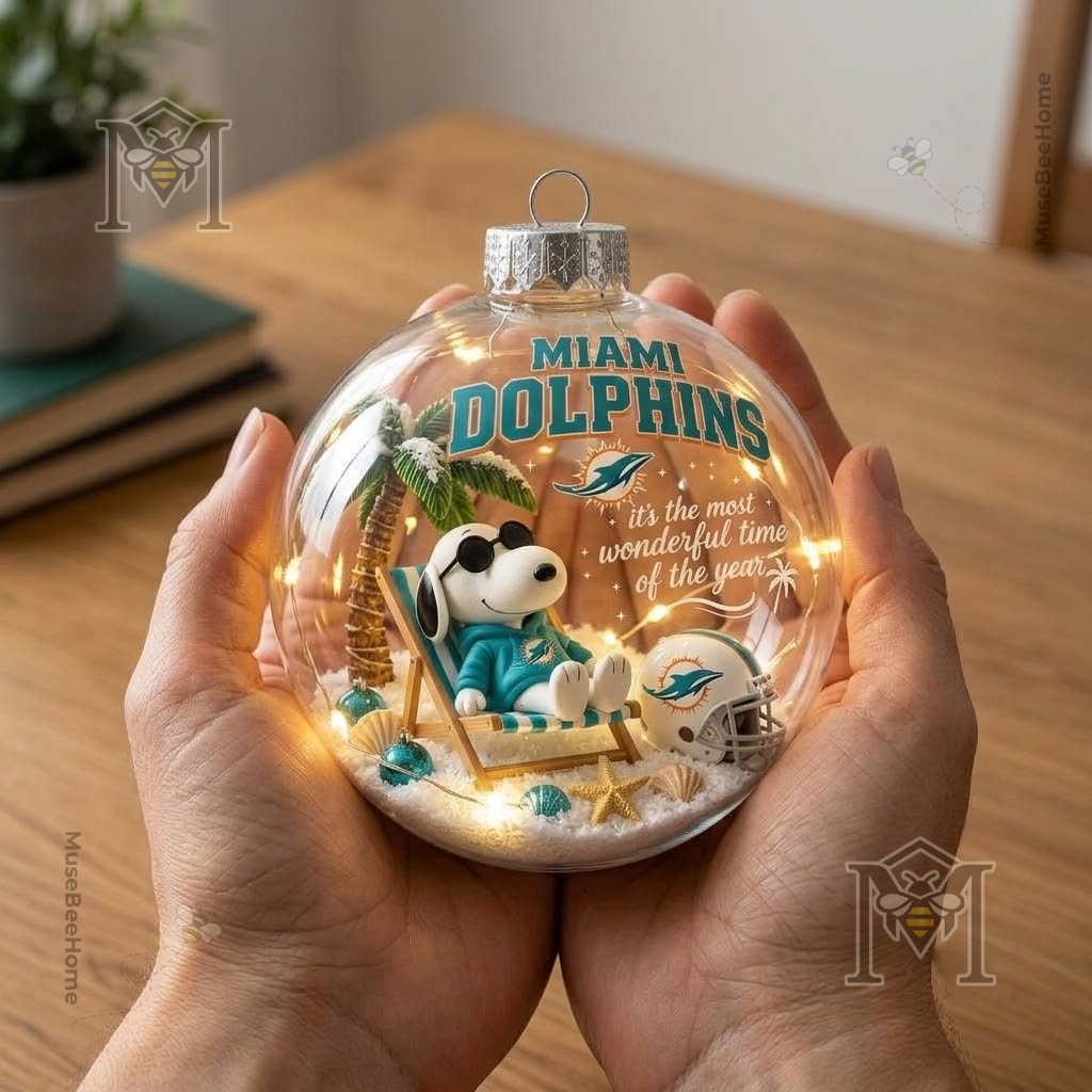 Snoopy Miami Dolphins Christmas Global Ornament 2026 - clear bauble with snow and ornaments