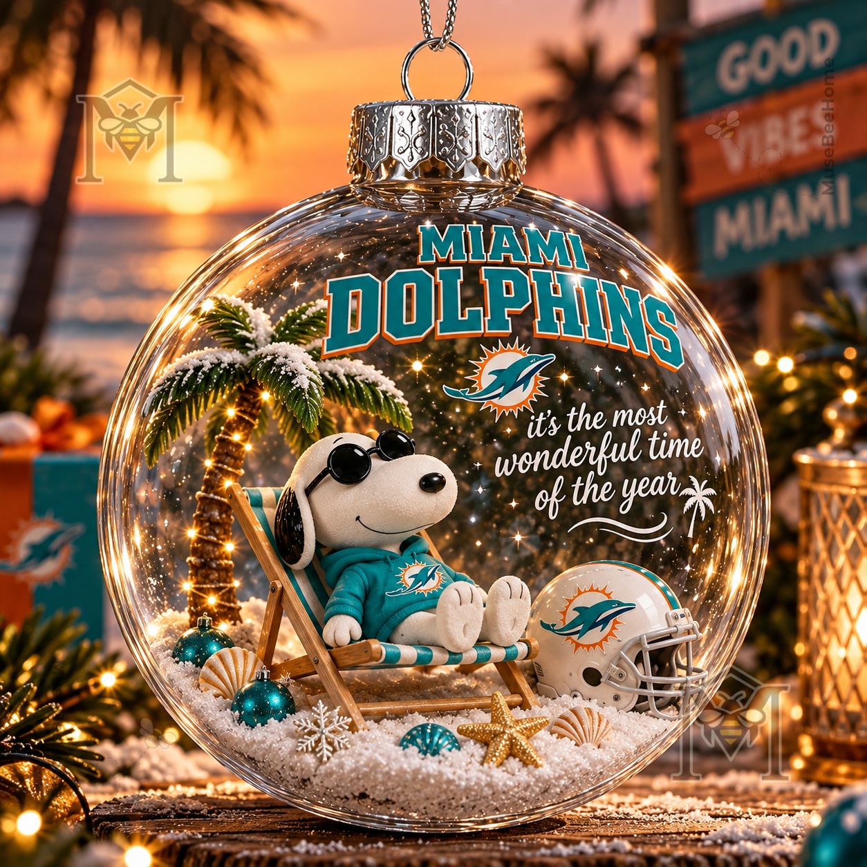 Snoopy Miami Dolphins Christmas Global Ornament 2026 - front view with team logo