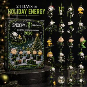 Snoopy Monster Energy Christmas Countdown 2026 Advent Calendar - front box with numbered ornament preview
