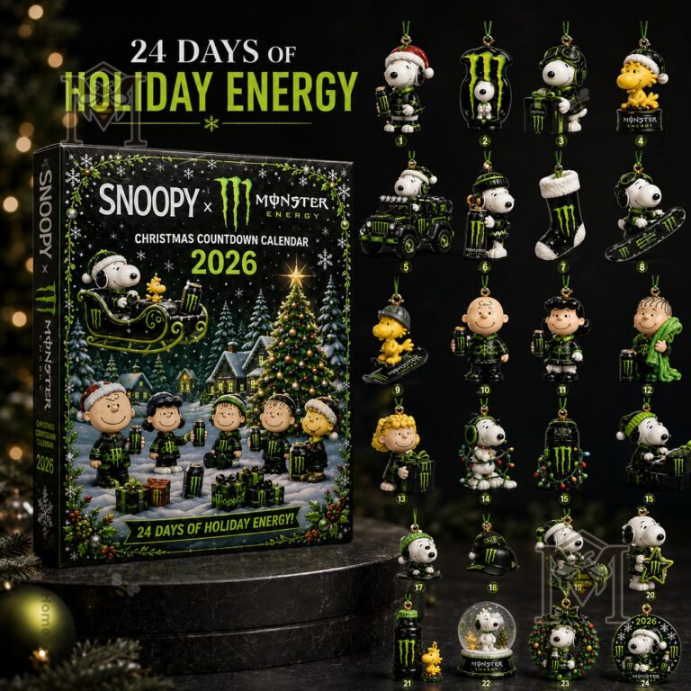 Snoopy Monster Energy Christmas Countdown 2026 Advent Calendar - front box with numbered ornament preview
