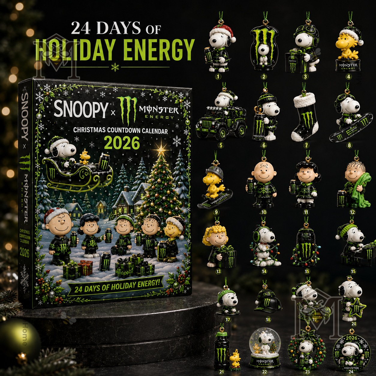 Snoopy Monster Energy Christmas Countdown 2026 Advent Calendar - front box with numbered ornament preview