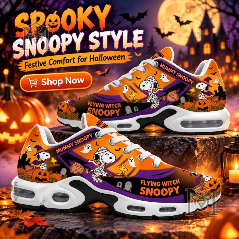 Snoopy Mummy Witch Halloween Air Max Shoes - side view showing Snoopy, pumpkins, ghosts, and Halloween