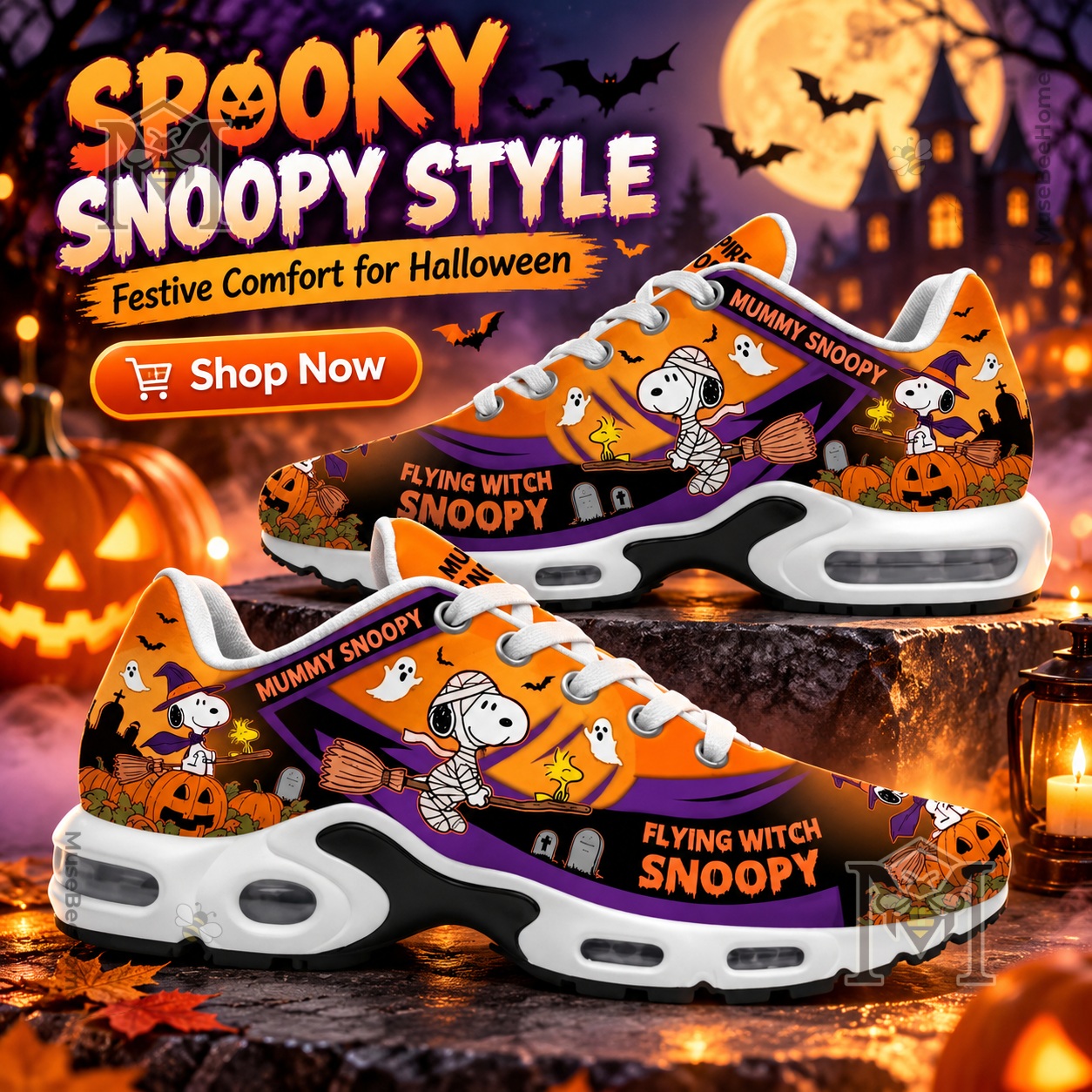 Snoopy Mummy Witch Halloween Air Max Shoes - side view showing Snoopy, pumpkins, ghosts, and Halloween