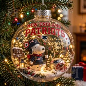 Snoopy New England Patriots Christmas Global Ornament 2026 - clear bauble with Patriots lettering