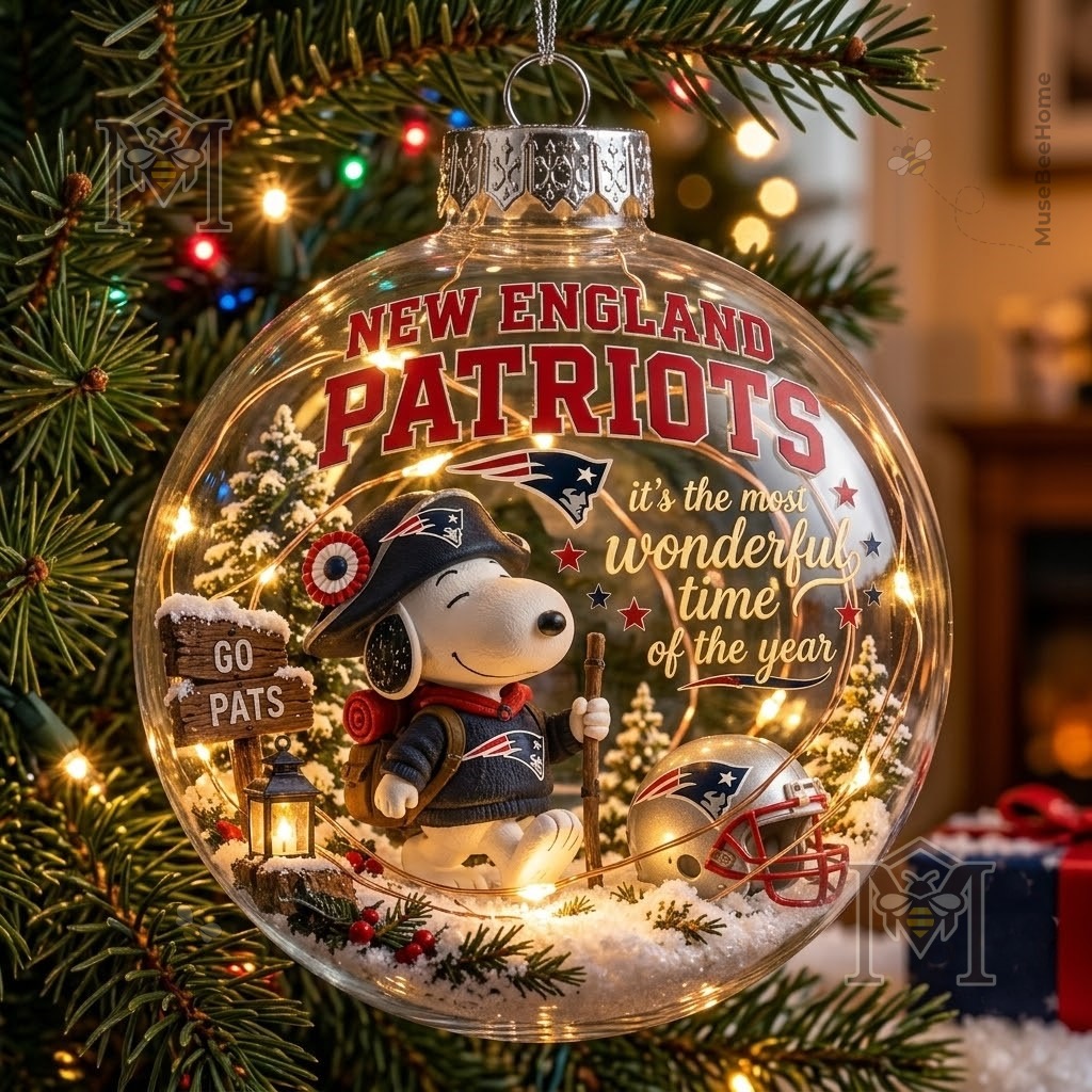 Snoopy New England Patriots Christmas Global Ornament 2026 - clear bauble with Patriots lettering