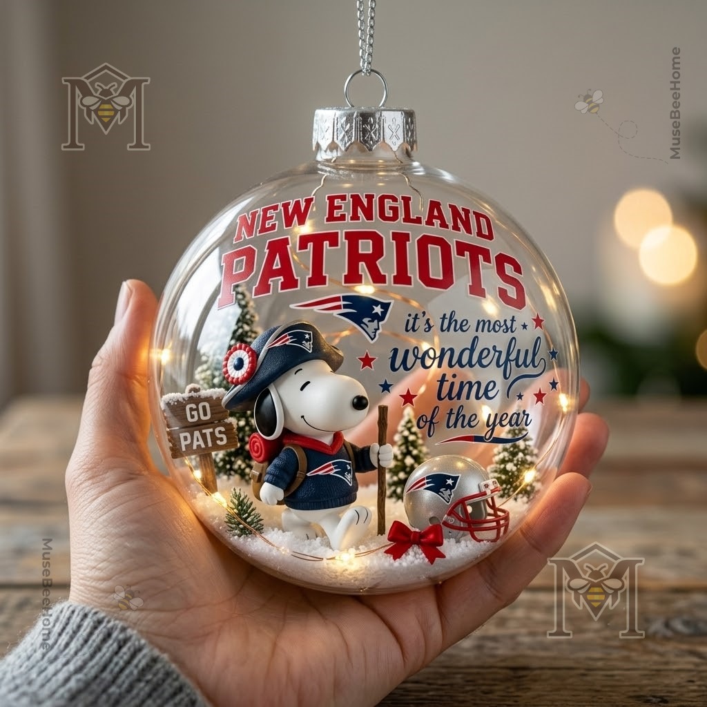 Snoopy New England Patriots Christmas Global Ornament 2026 - close-up of holiday message and stars