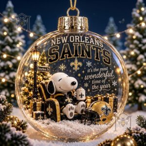 Snoopy New Orleans Saints Global Ornament 2026 - close-up of Snoopy and fleur-de-lis details