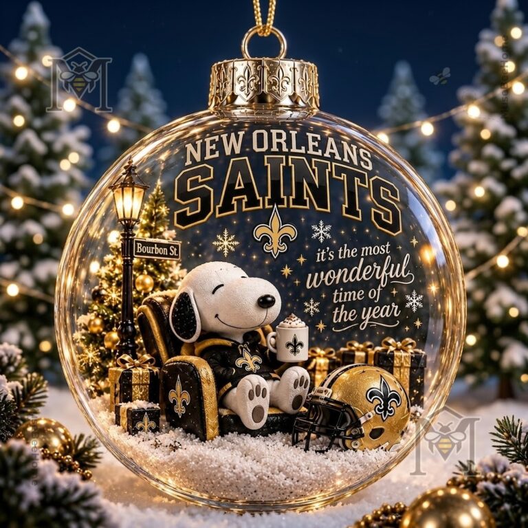 Snoopy New Orleans Saints Global Ornament 2026 - close-up of Snoopy and fleur-de-lis details
