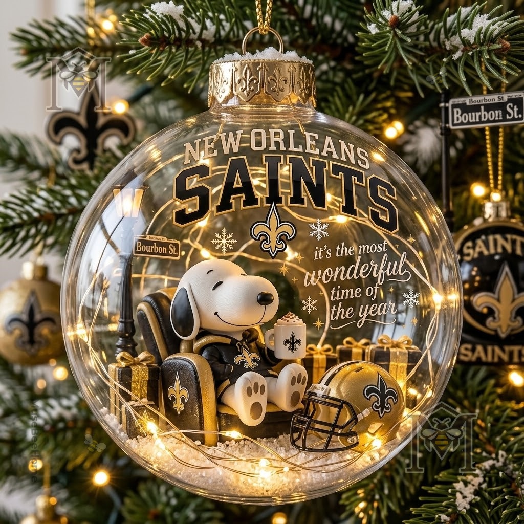 Snoopy New Orleans Saints Global Ornament 2026 - transparent bauble with gold hanging cap