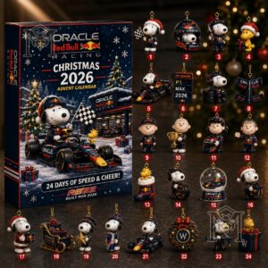 Snoopy Oracle Red Bull Racing Christmas 2026 Advent Calendar - box and 24 numbered ornaments