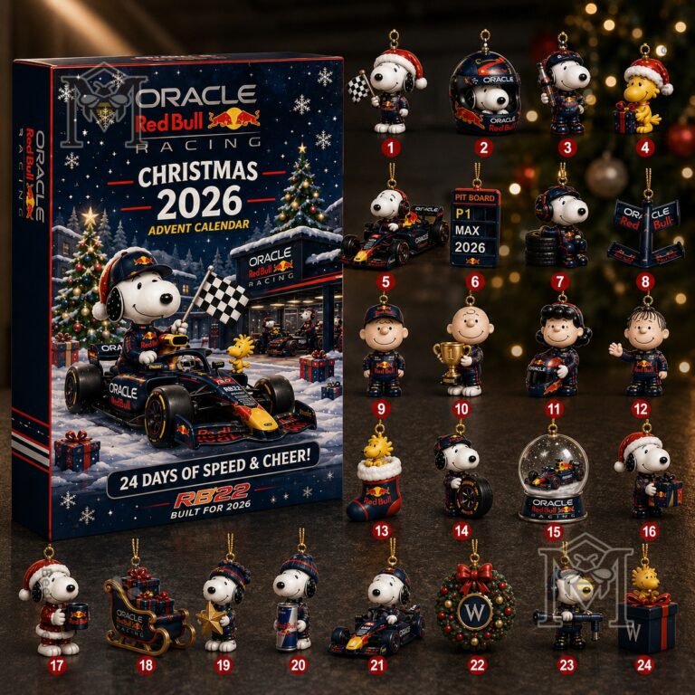 Snoopy Oracle Red Bull Racing Christmas 2026 Advent Calendar - box and 24 numbered ornaments
