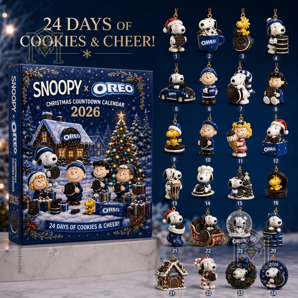 Snoopy Oreo Christmas Countdown 2026 Advent Calendar - front box and 24 ornament designs