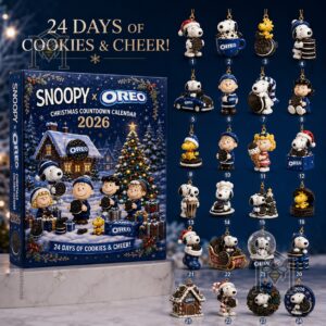 Snoopy Oreo Christmas Countdown 2026 Advent Calendar - front box and 24 ornament designs