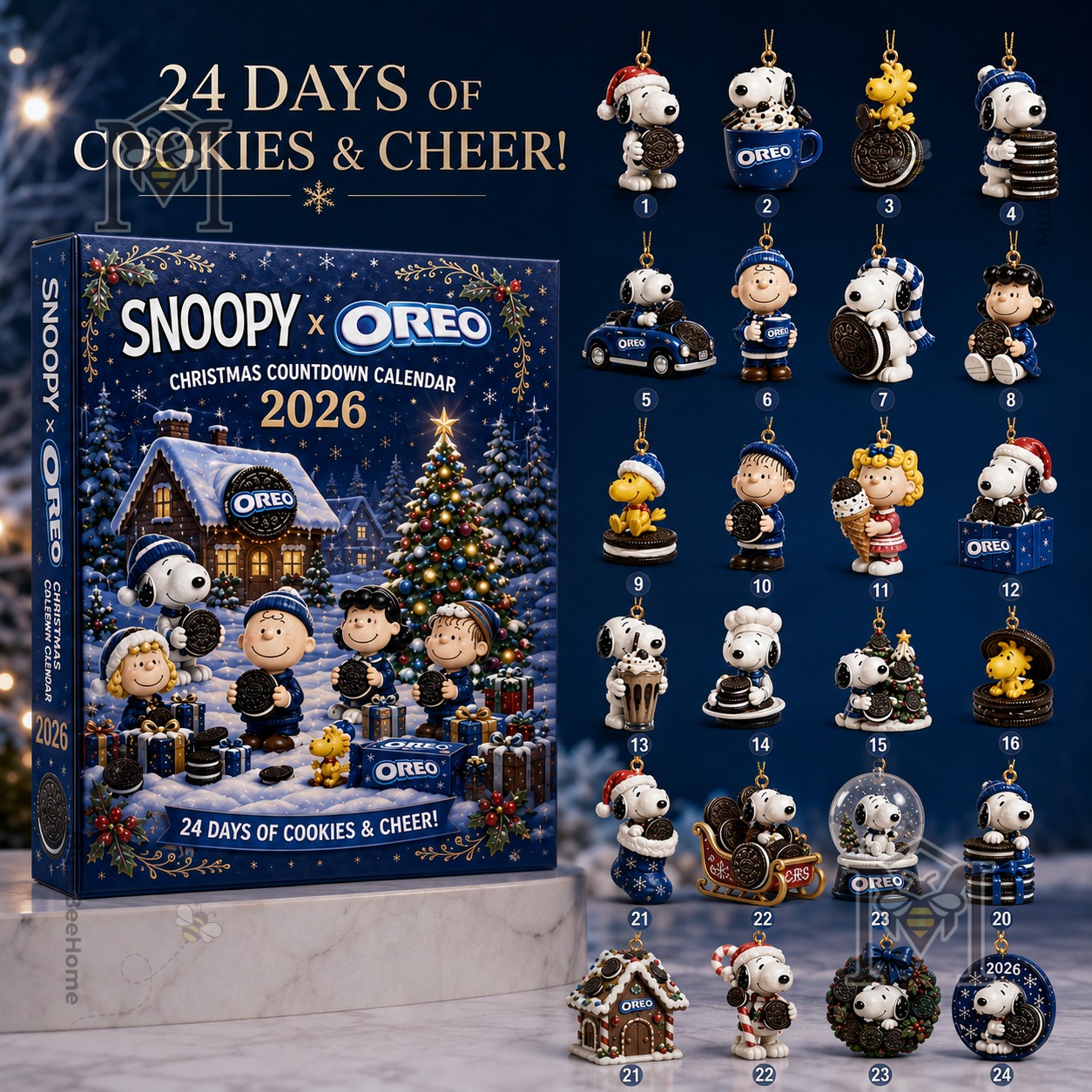 Snoopy Oreo Christmas Countdown 2026 Advent Calendar - front box and 24 ornament designs