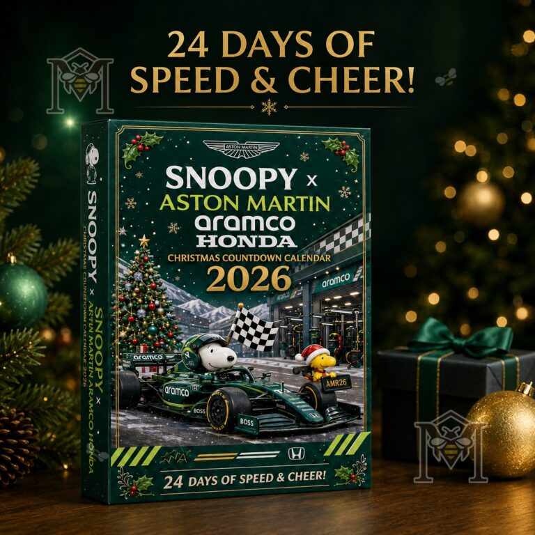 Snoopy Aston Martin Aramco Honda Advent Calendar - front box view with racing Christmas artwork