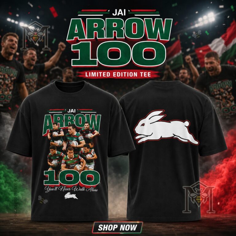 South Sydney Rabbitohs Jai Arrow 100 You'll Never Walk Alone T-Shirt - front and back view