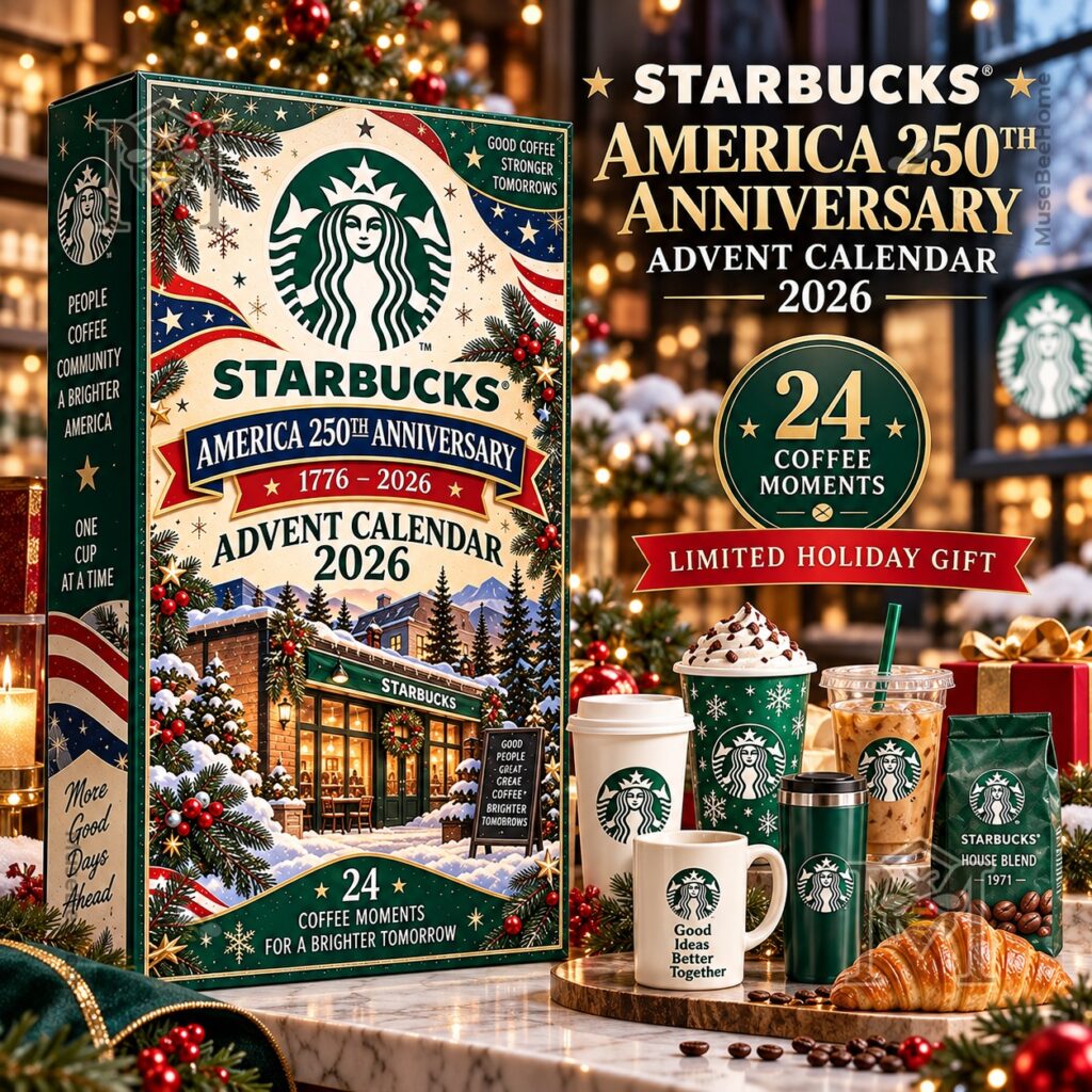 Starbucks America 250th Anniversary 2026 Advent Calendar - front box view with 24 Coffee Moments text