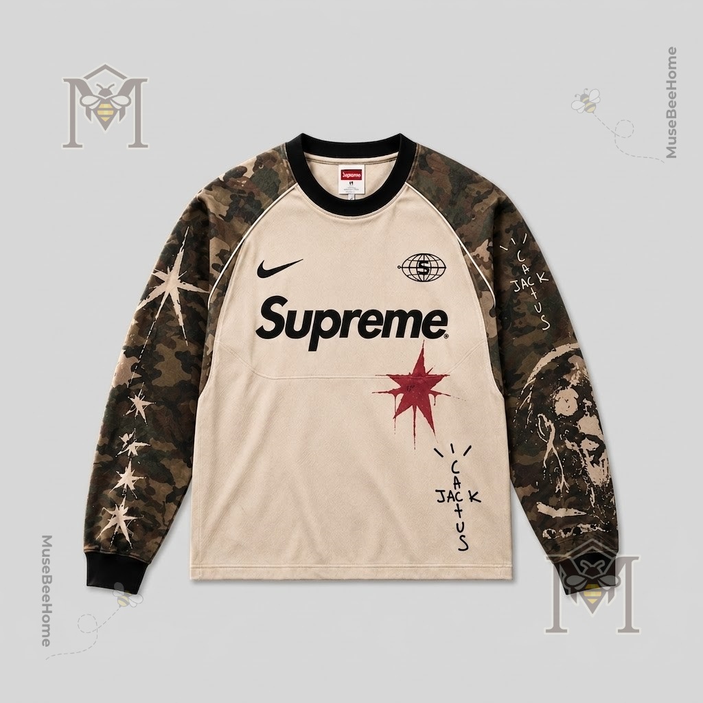 Supreme Travis Scott Cactus Jack Nike Raglan Sweatshirt - camouflage sleeve detail