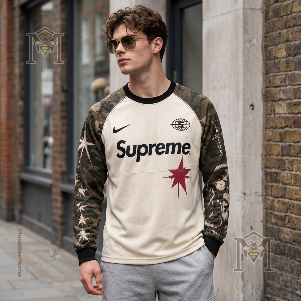 Supreme Travis Scott Cactus Jack Nike Raglan Sweatshirt - front logo close-up