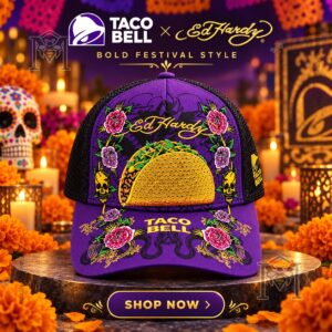 Taco Bell x Ed Hardy Bold Cap - front view with embroidered taco and roses