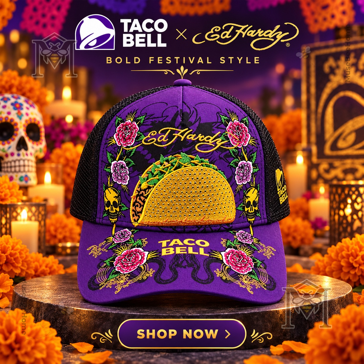 Taco Bell x Ed Hardy Bold Cap - front view with embroidered taco and roses