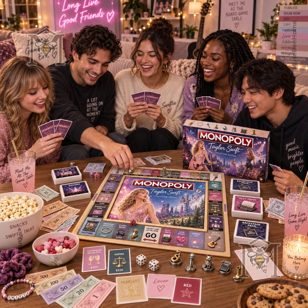 Taylor Swift Eras Monopoly Board Game - themed tokens, cards, money, and dice