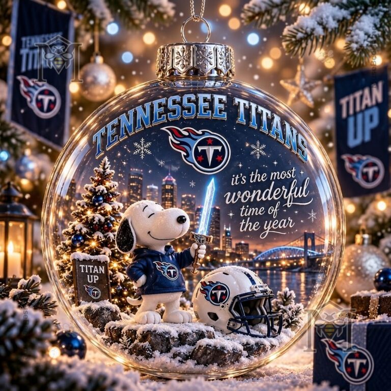 Tennessee Titans Snoopy Global Ornament 2026 - close-up of Snoopy holding blue sword
