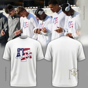 Texas A&M Aggies American Flag Logo T-Shirt - front and back views with model display