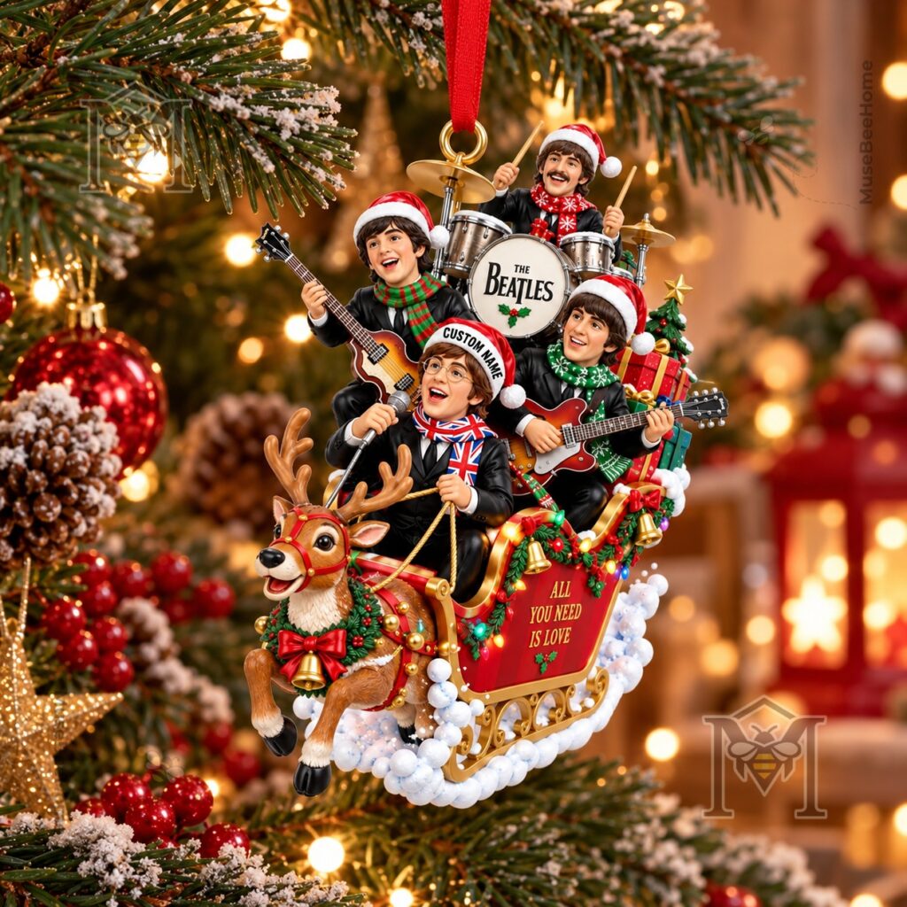 The Beatles Christmas Santa Sleigh Ornament – Front view on Christmas tree The Beatles Christmas Santa Sleigh Ornament - front view on Christmas tree