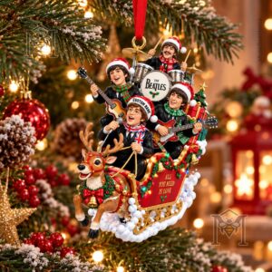 The Beatles Christmas Santa Sleigh Ornament - front view on Christmas tree