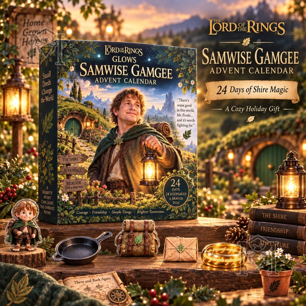 Samwise Gamgee advent calendar front box with Shire landscape illustration