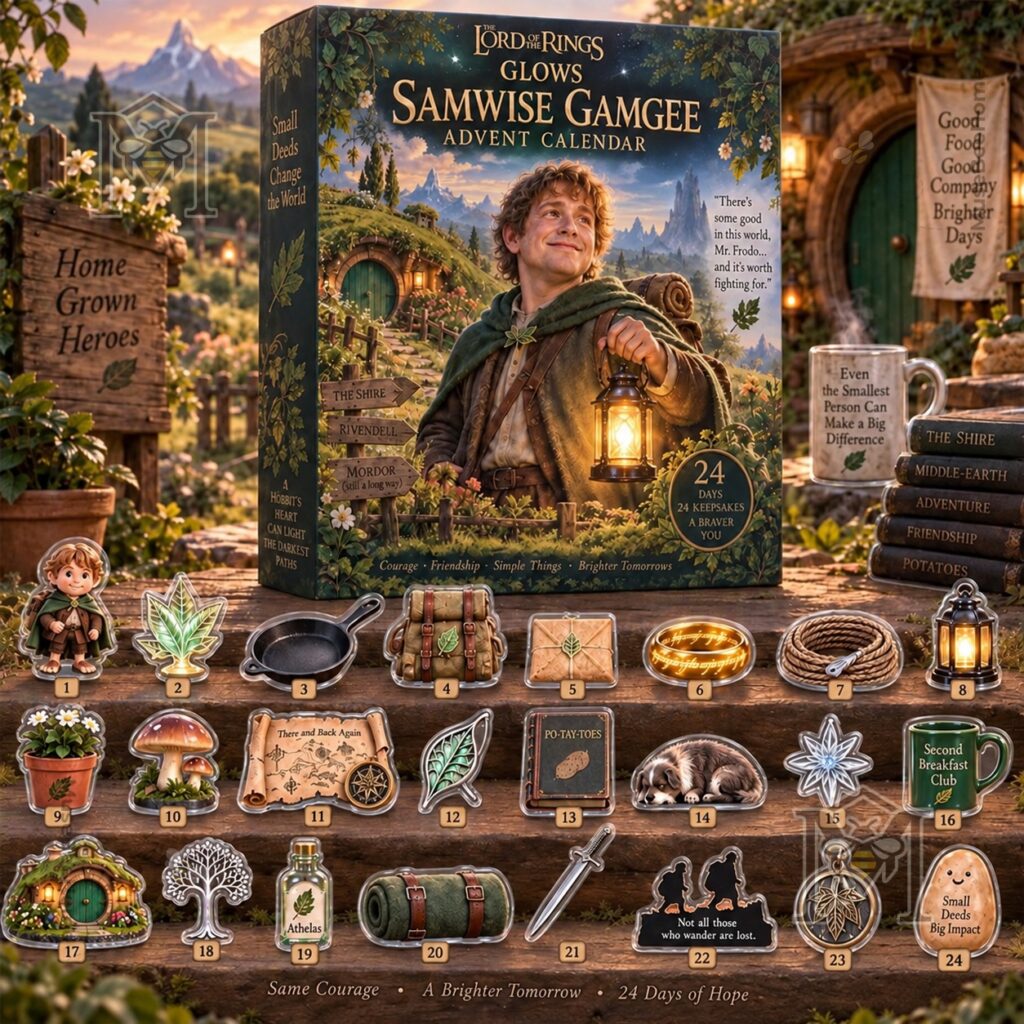 Samwise Gamgee advent calendar side panel showing Small Deeds Change the World