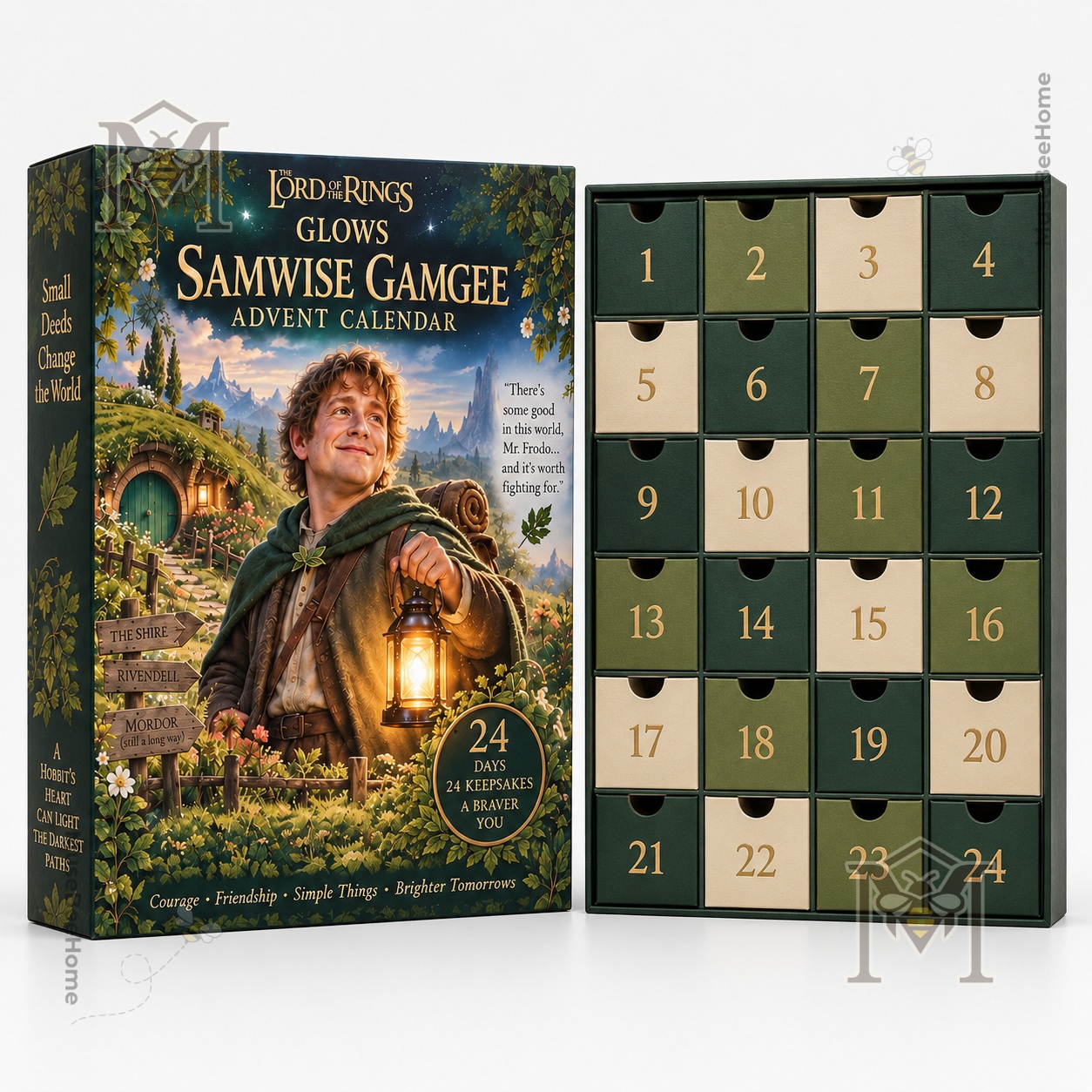 Samwise Gamgee advent calendar display with lantern and keepsake-themed artwork