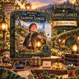 Samwise Gamgee advent calendar front box with Shire landscape illustration