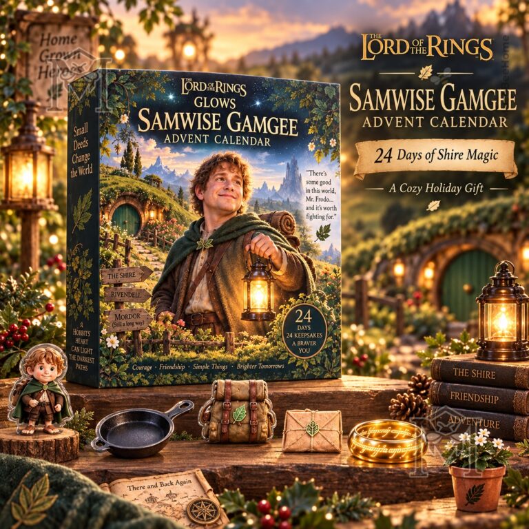 Samwise Gamgee advent calendar front box with Shire landscape illustration