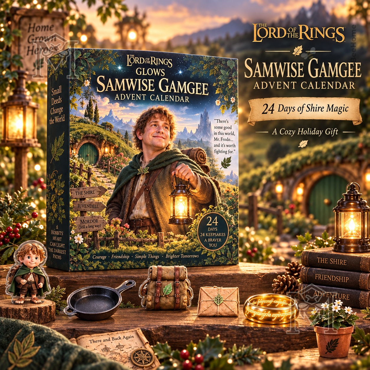 Samwise Gamgee advent calendar front box with Shire landscape illustration
