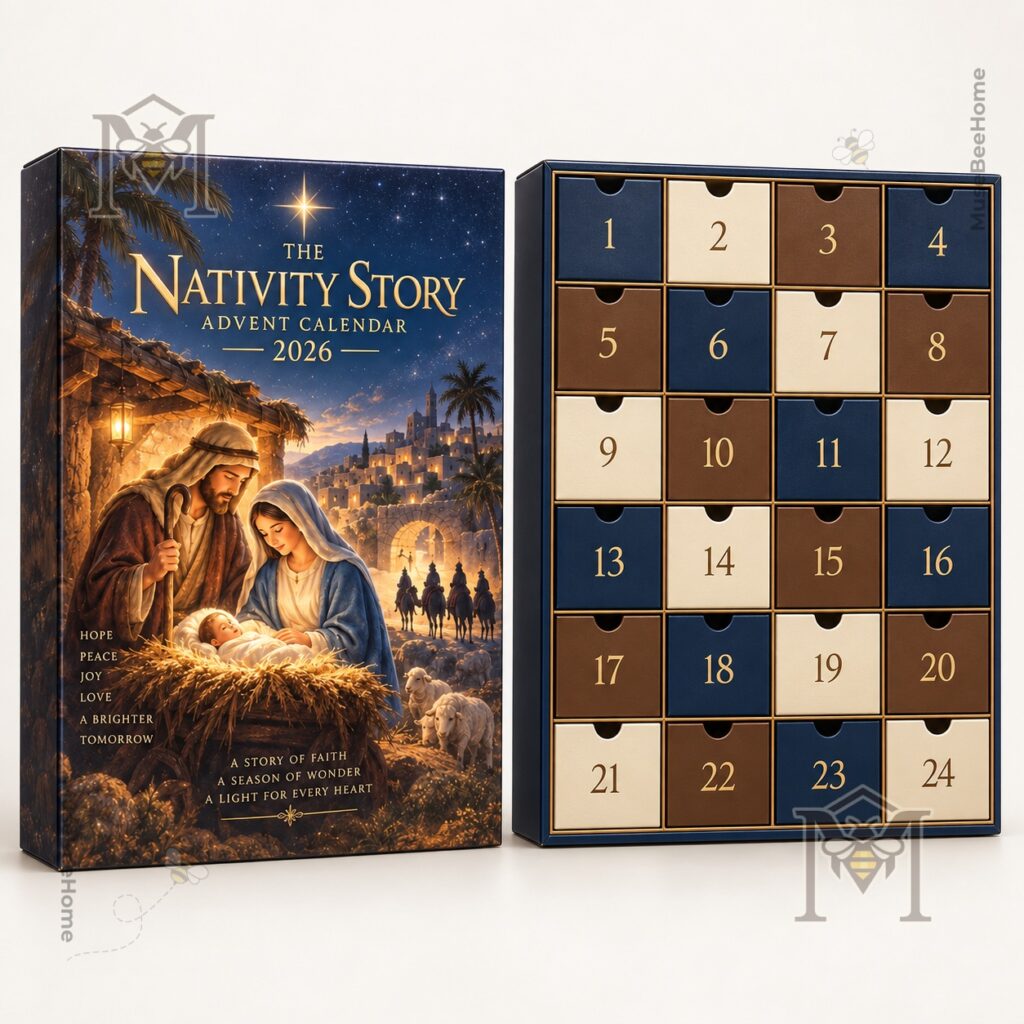 Close view of nativity artwork and 2026 calendar title