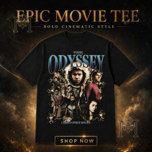 The Odyssey Christopher Nolan Movie Cast T-Shirt - front view showing full character collage
